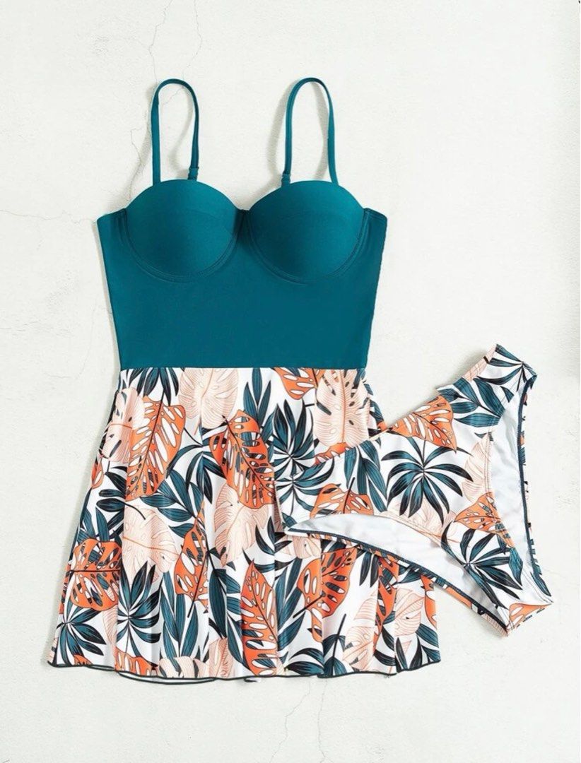 Shein Tropical Print Push Up Swim Dress With Bikini Bottom Women S