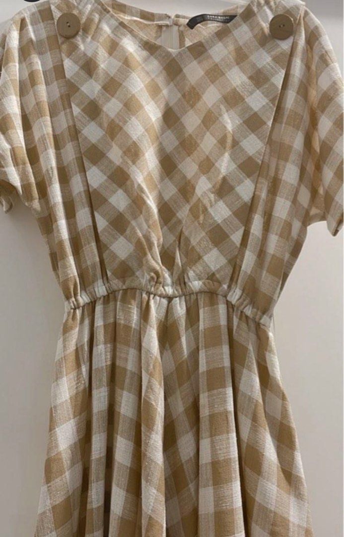 Mididress Zara Nude Coklat Cream Kotak Kotak Plaid Midi Uniqlo Fesyen