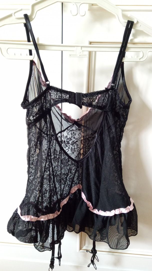 IMPRESSION See Through Black Lace Lingerie With Garter Belt And Matching G String Women S