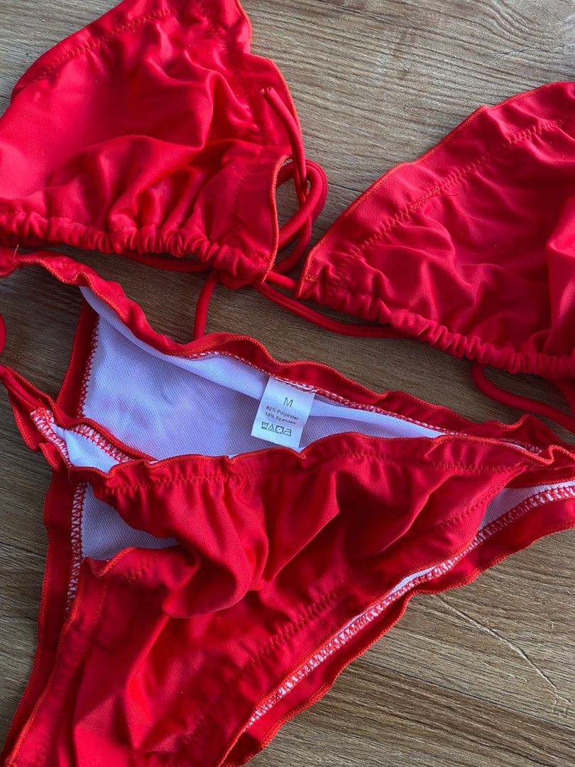Cherry Red Self Tie Lettuce Edge Bikini Two Piece Swimsuit Women S