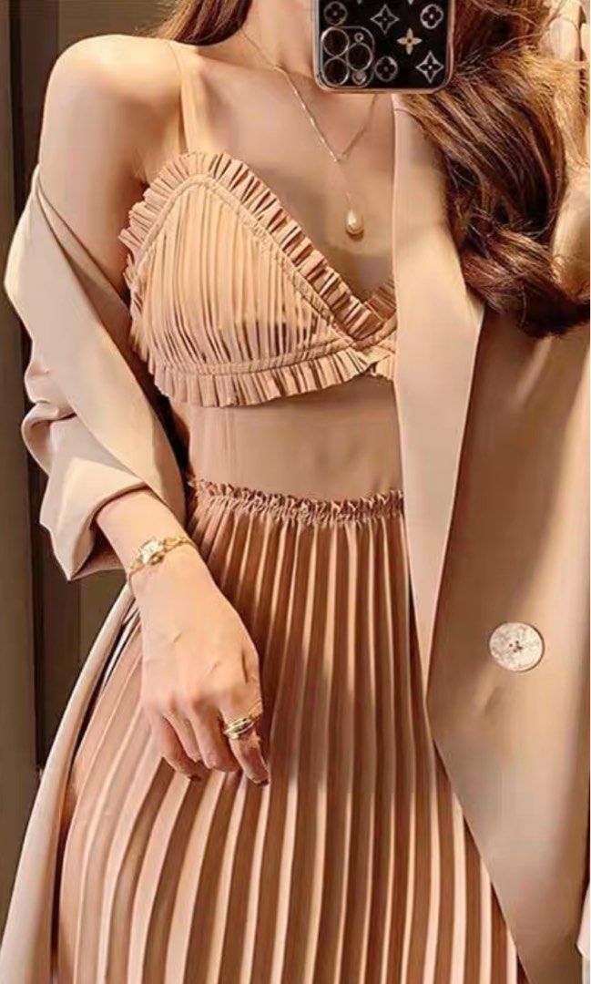 Nude Pleated Dress Women S Fashion Dresses Sets Dresses On Carousell