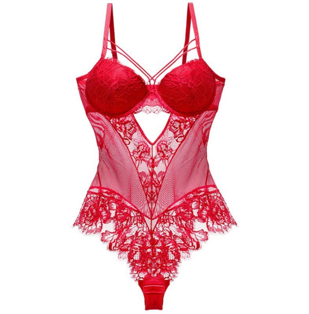 Sexy Red Lace Bodysuit Lingerie Fesyen Wanita Pakaian Wanita Atasan