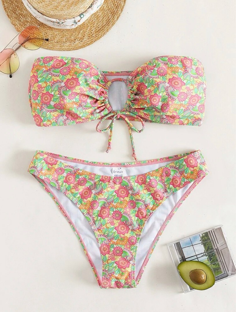 Shein Floral Print Drawstring Front Tube Bikini Top And Bottom