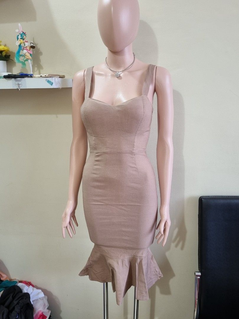 Mididress Nude Bodycon Mermaid Fesyen Wanita Pakaian Wanita Gaun