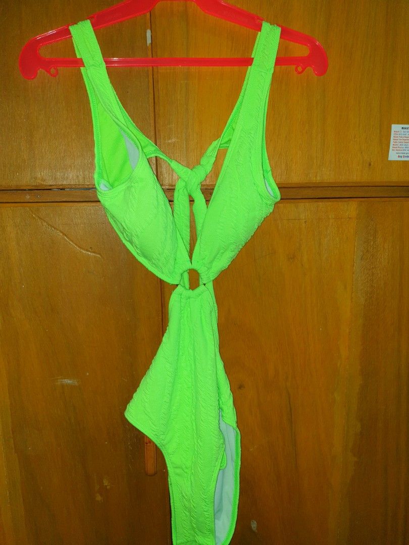 One Piece Neon Green Bikini With Ruched Skirt On Carousell