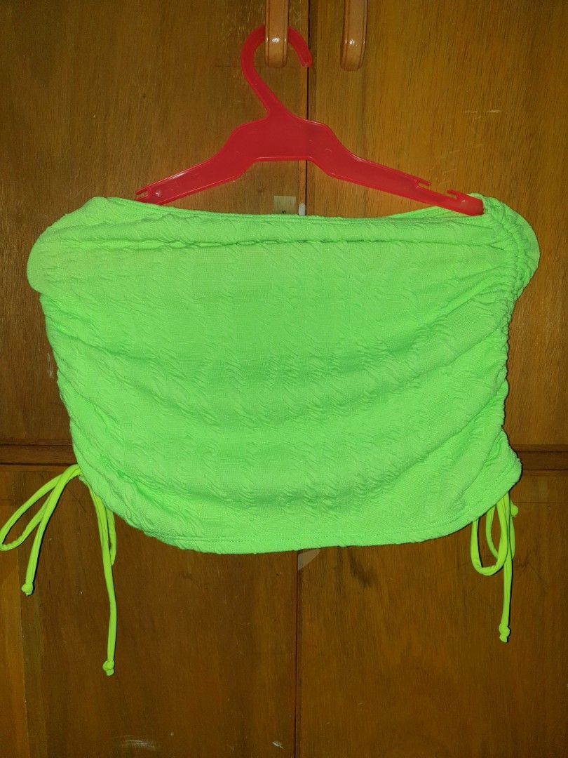 One Piece Neon Green Bikini With Ruched Skirt On Carousell