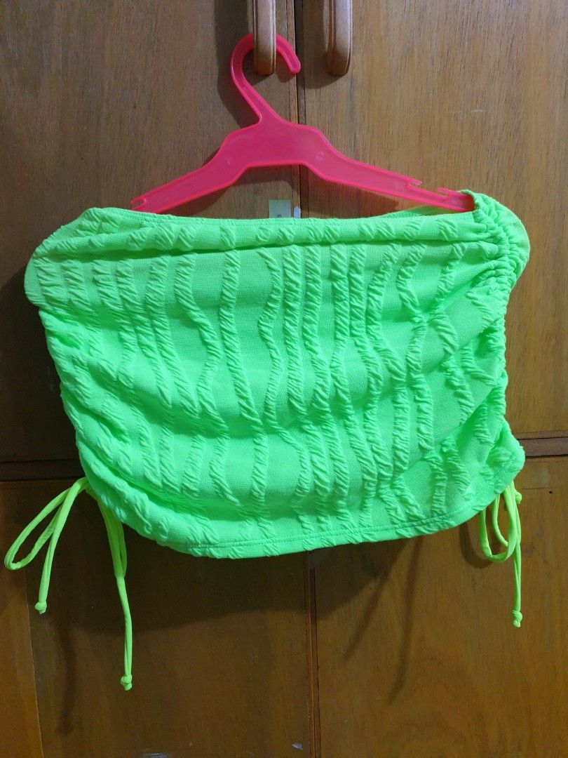 One Piece Neon Green Bikini With Ruched Skirt On Carousell