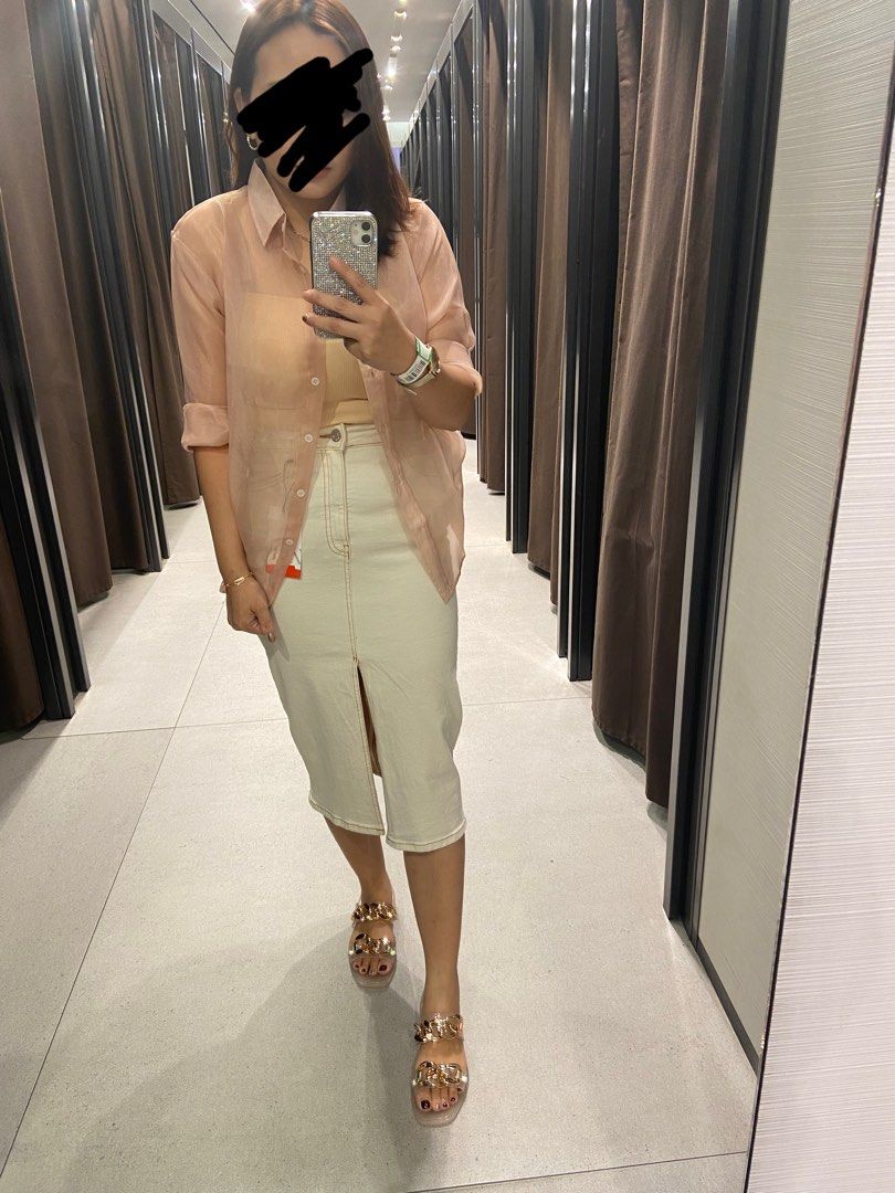 Organza Nude Pink Kemeja Fesyen Wanita Pakaian Wanita Atasan Di