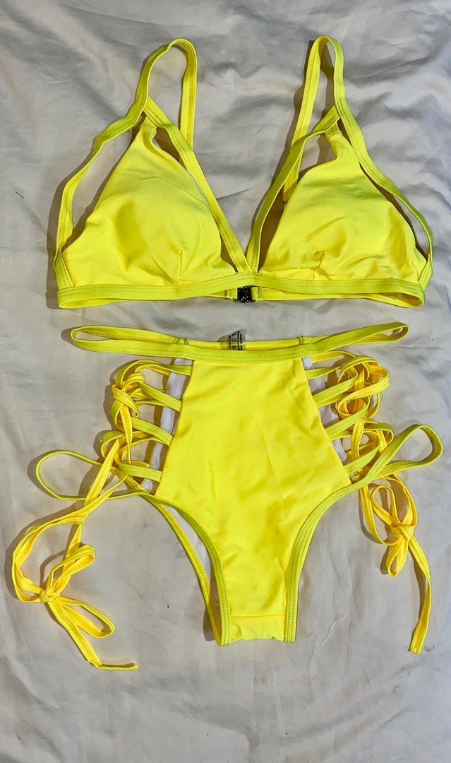 Shein Neon Yellow Irregular Bikini Cut Women S Fashion Swimwear