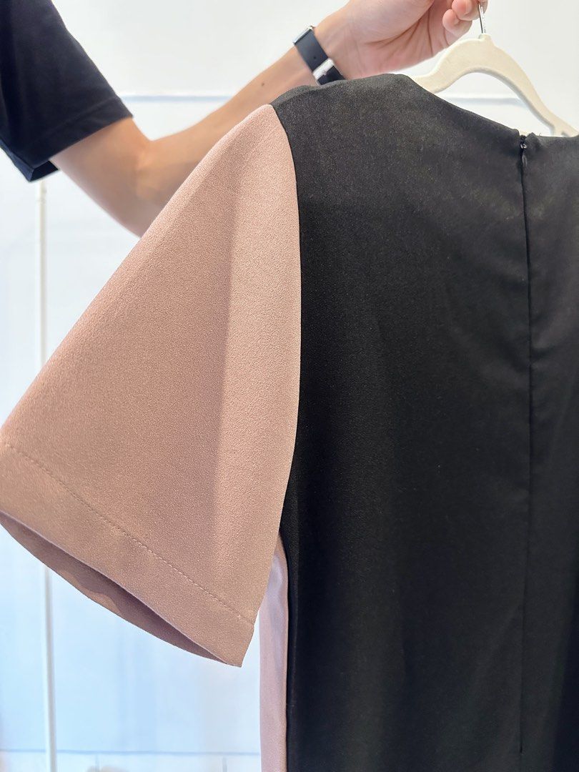 G Plus Two Tone Dress Black Nude Pink Mididress Fesyen Wanita