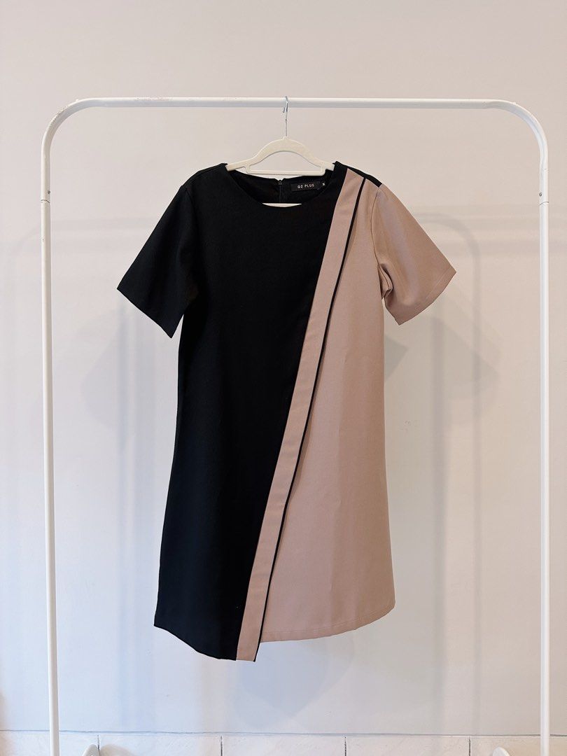 G Plus Two Tone Dress Black Nude Pink Mididress Fesyen Wanita