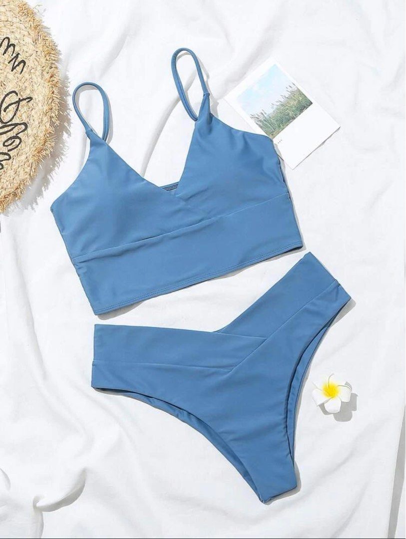 Surplice Neck Bikini Swimsuit Blue On Carousell