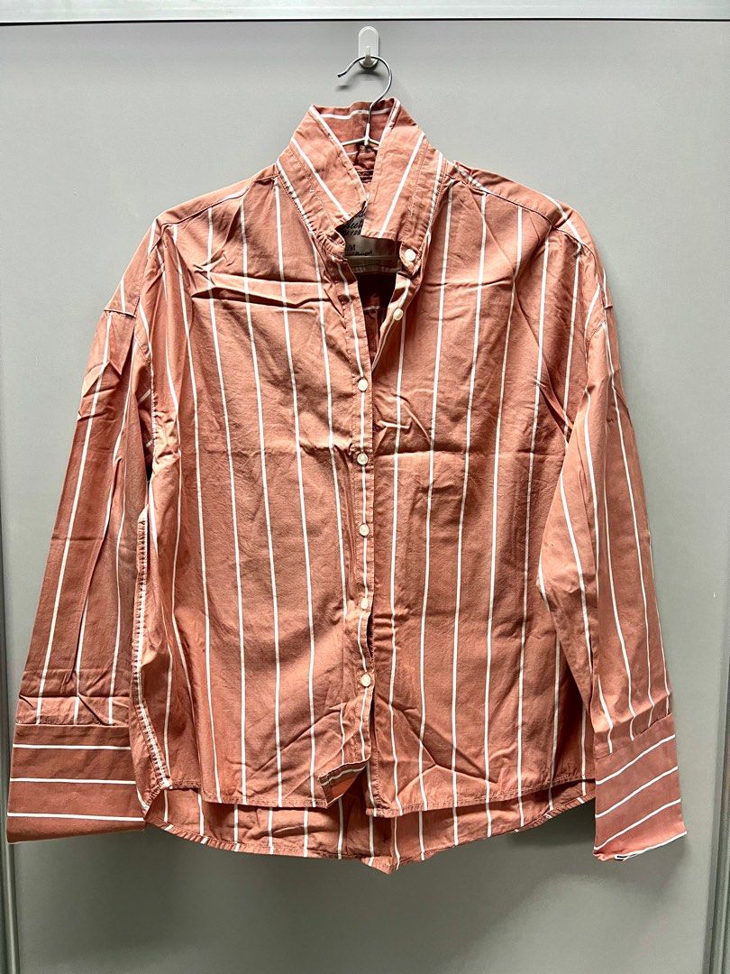 Kemeja Striped Pink Nude Women S Fashion Tops Longsleeves On Carousell