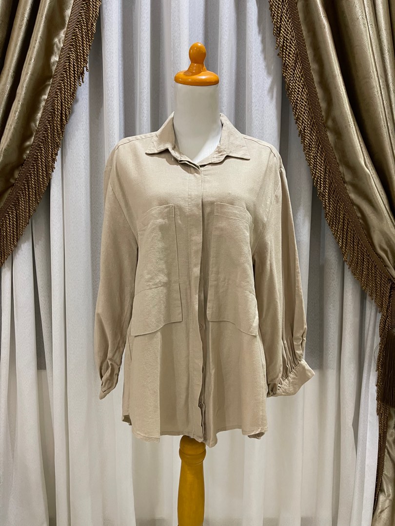 Kemeja Oversize Linen Nude Fesyen Wanita Pakaian Wanita Atasan Di