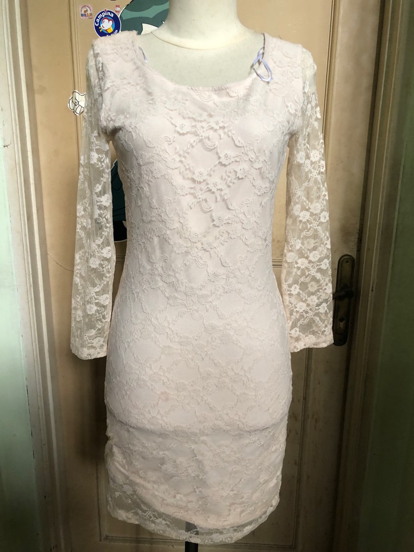 H M Midi Dress Nude Cream Renda Lace Fesyen Wanita Pakaian Wanita