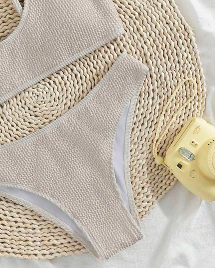 Shein Cream Beige White Ribbed Swimsuit Bikini Set Women S Fashion
