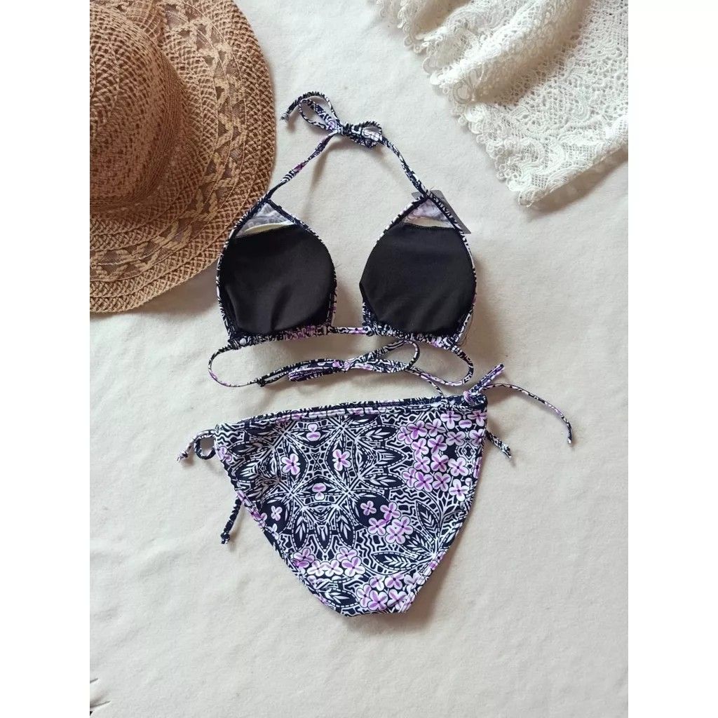 BK Hitam Batik Ungu Bikini Pantai Segitiga Ikat Dengan Busa On Carousell