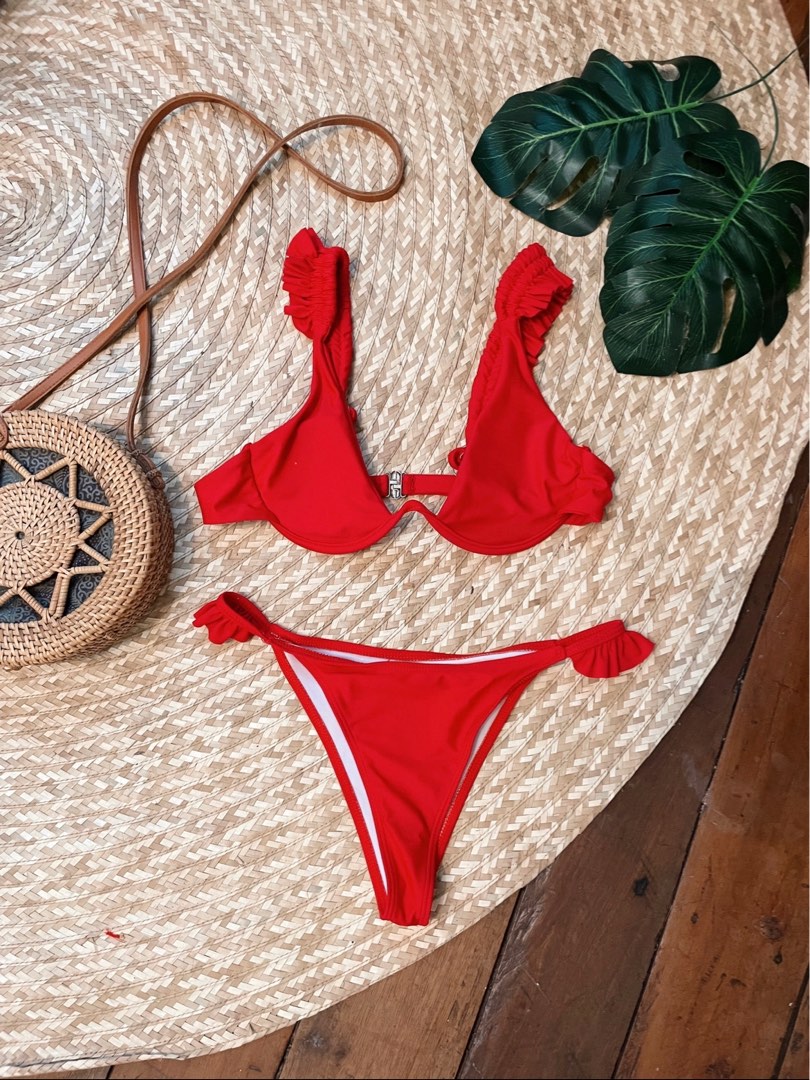 Red Ruffle Underwire Thong Bikini Swimsuit Women S Fashion Swimwear