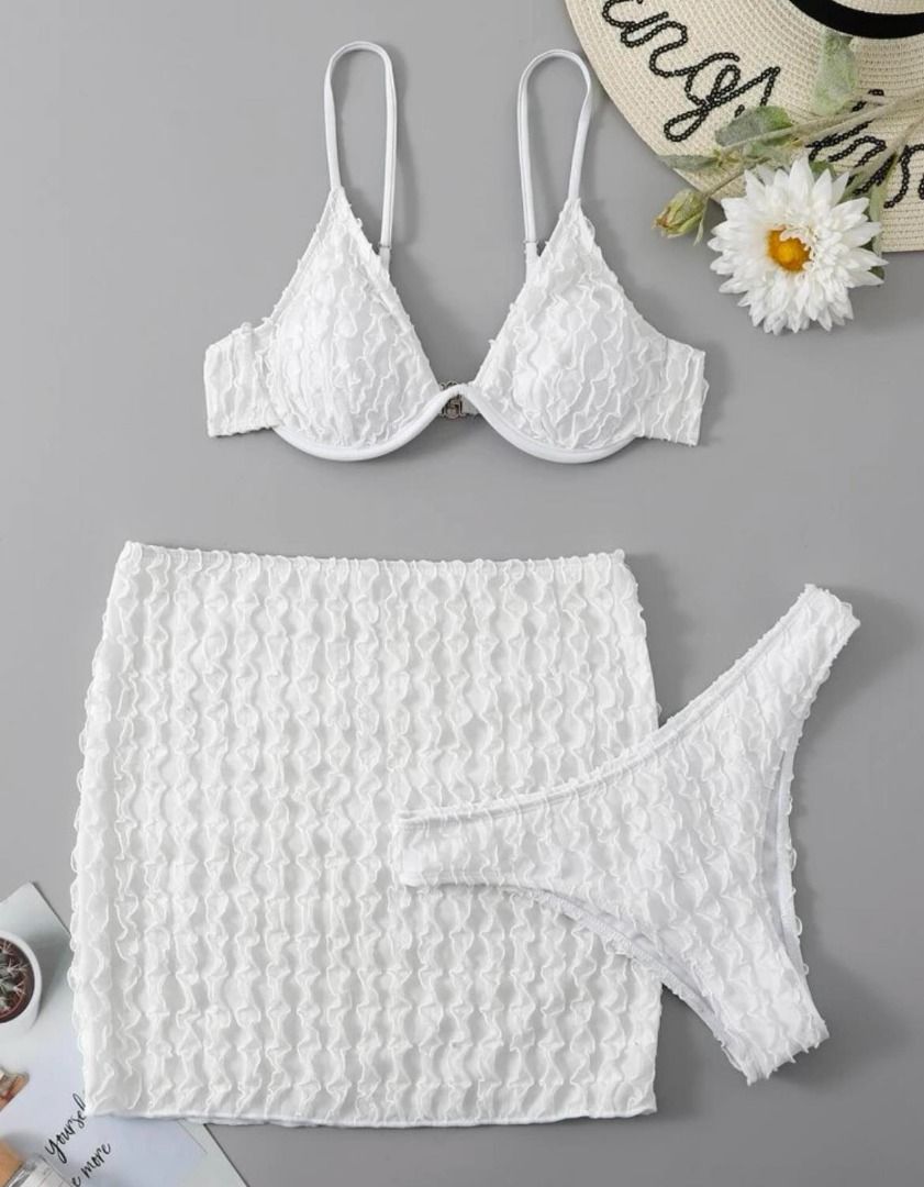 White Textured Bikini Set Underwire Bra Top Bikini Bottom Skirt Piece Swimsuit Women S