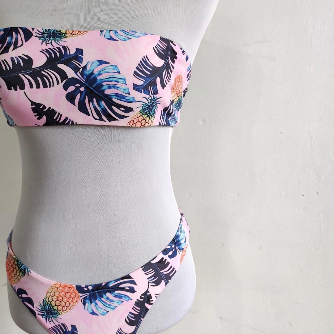 Pink Pineapple Leaf Bandeau Bikini Women S Fashion Swimwear Bikinis