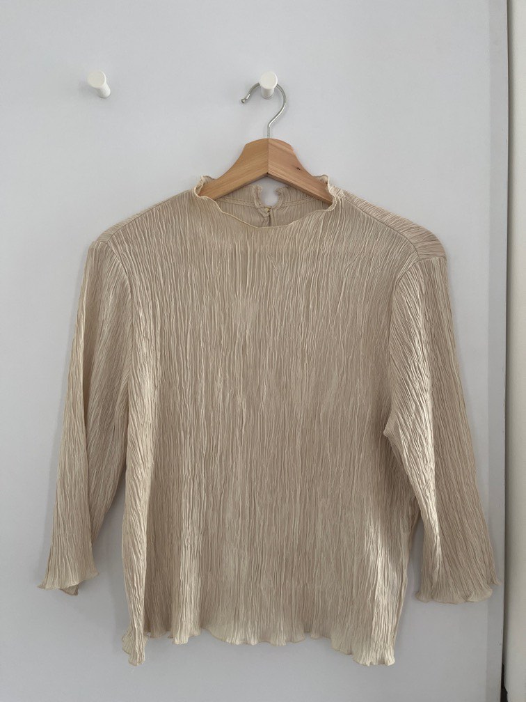 Pleated Top Sheer Nude Coklat Muda Fesyen Wanita Pakaian Wanita