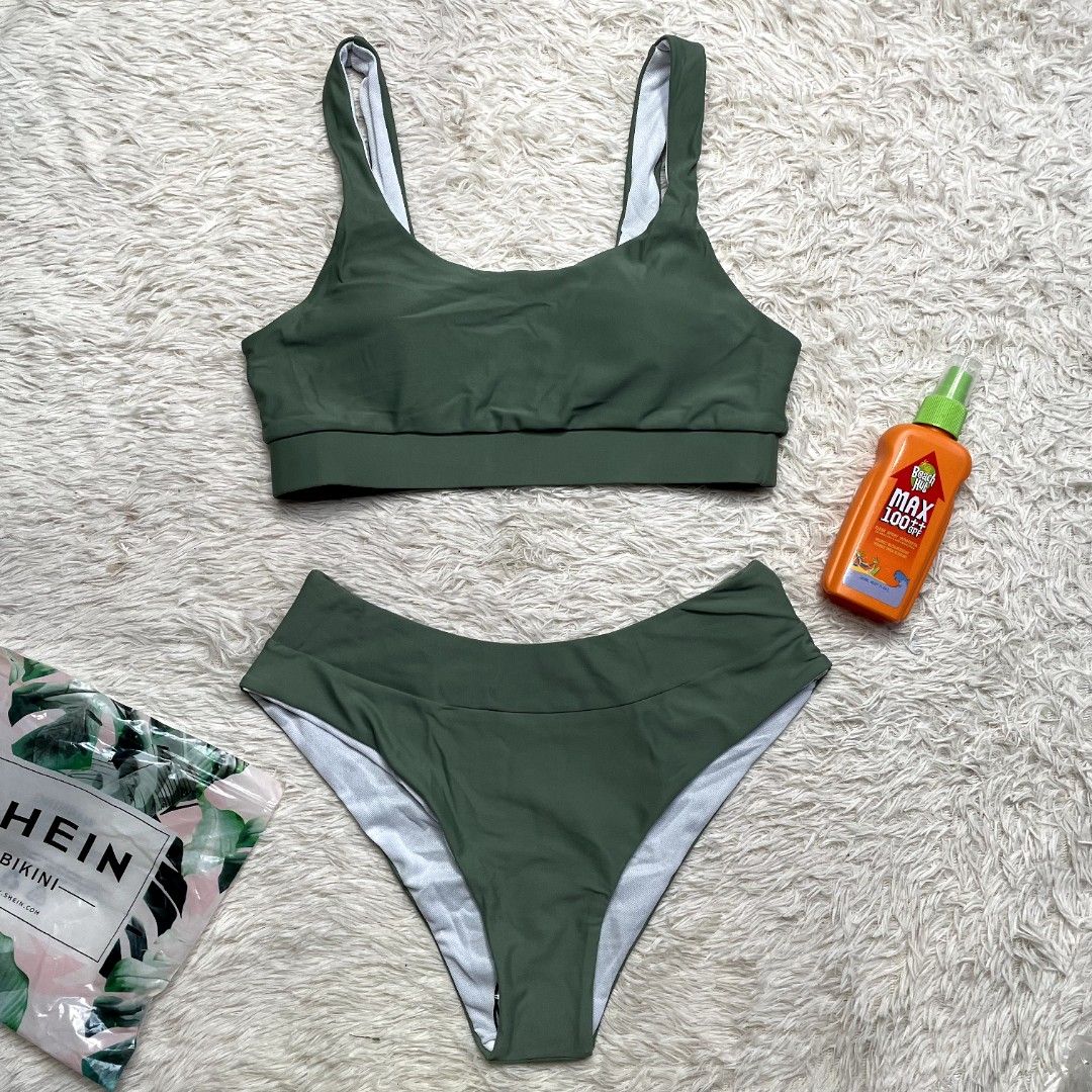 SHEIN ARMY GREEN PLAIN HIGH CUT TRENDY TWO PIECE SWIMSUIT BIKINI