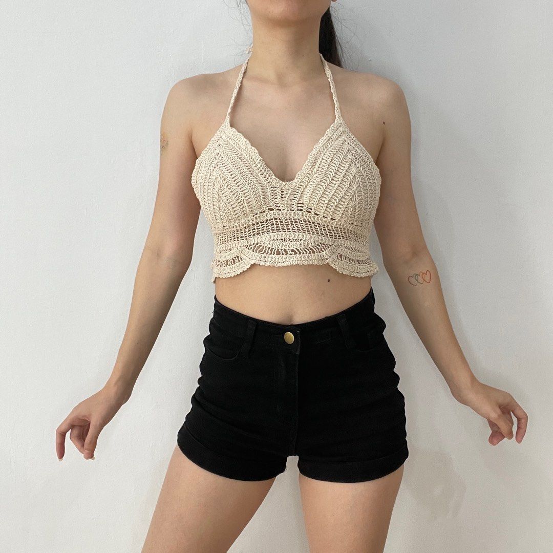 Shein Tied Backless Crochet Bikini Top Cream Beige Sexy Beach Wear Knit
