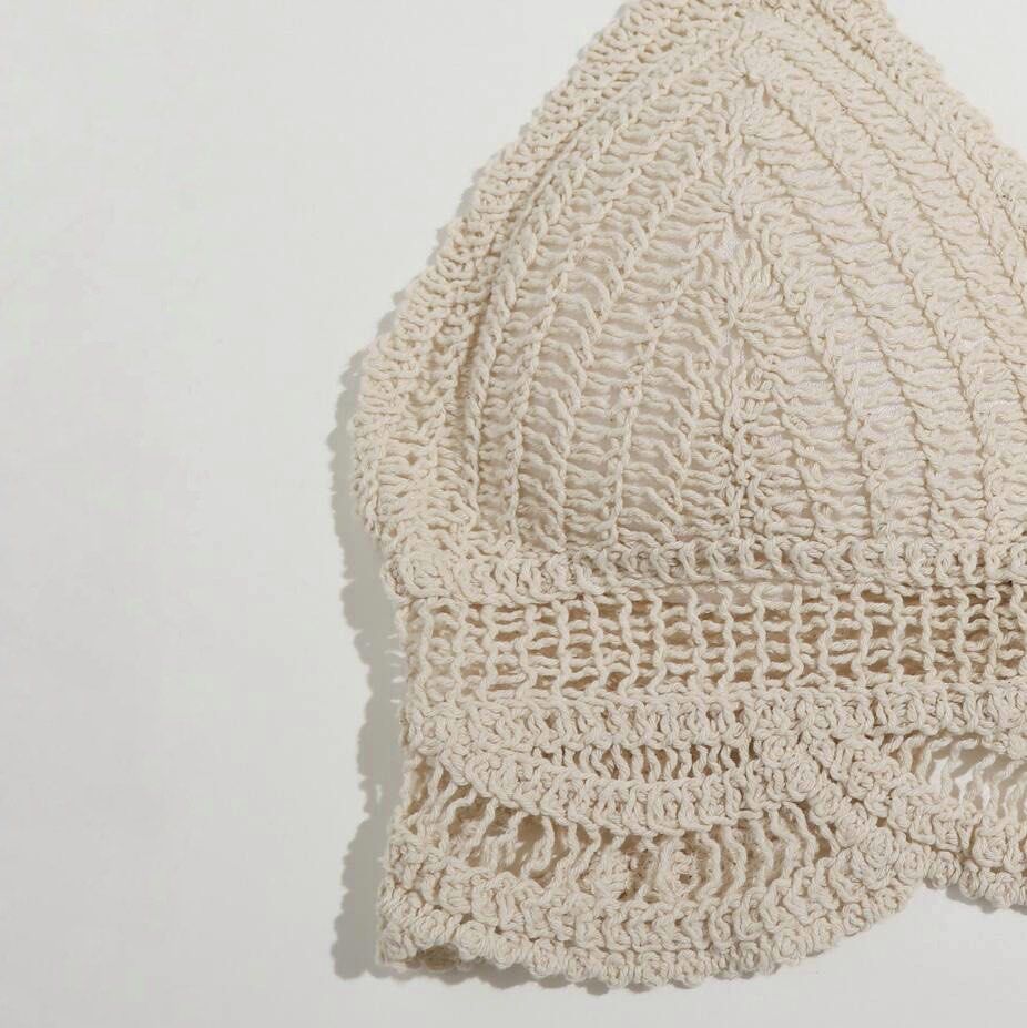 Shein Tied Backless Crochet Bikini Top Cream Beige Sexy Beach Wear Knit