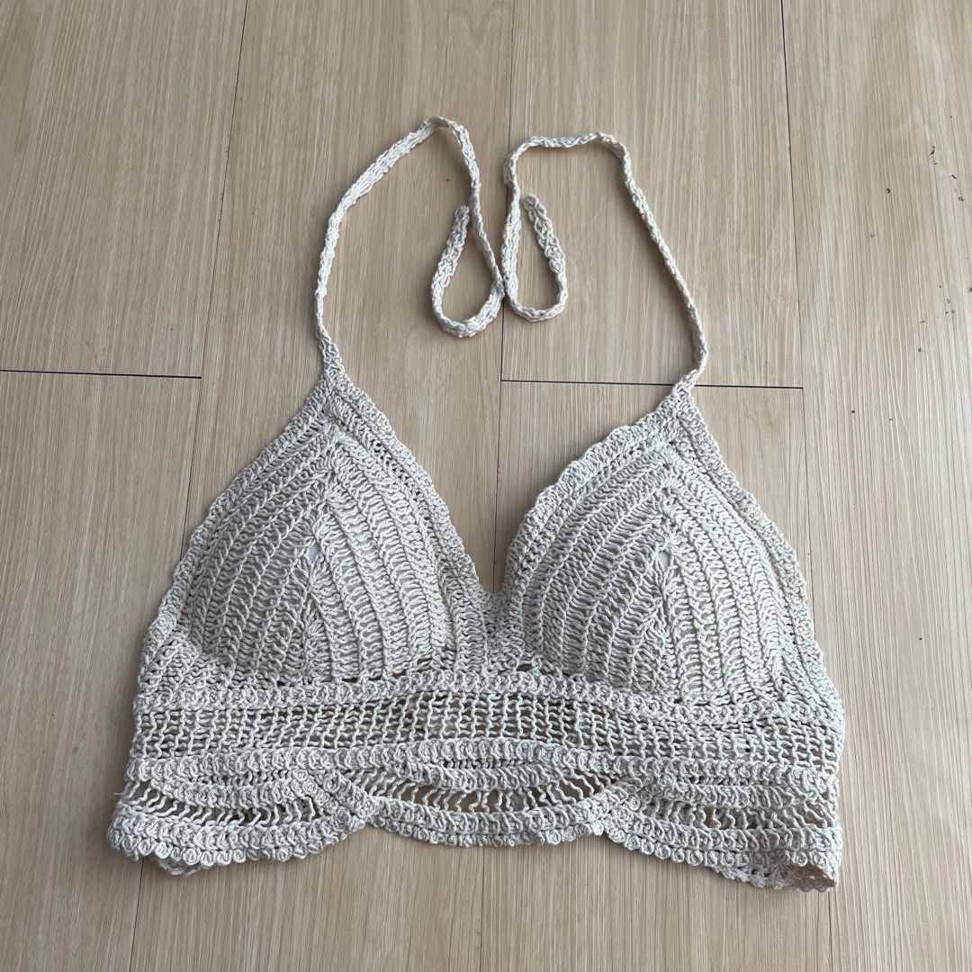 Shein Tied Backless Crochet Bikini Top Cream Beige Sexy Beach Wear Knit