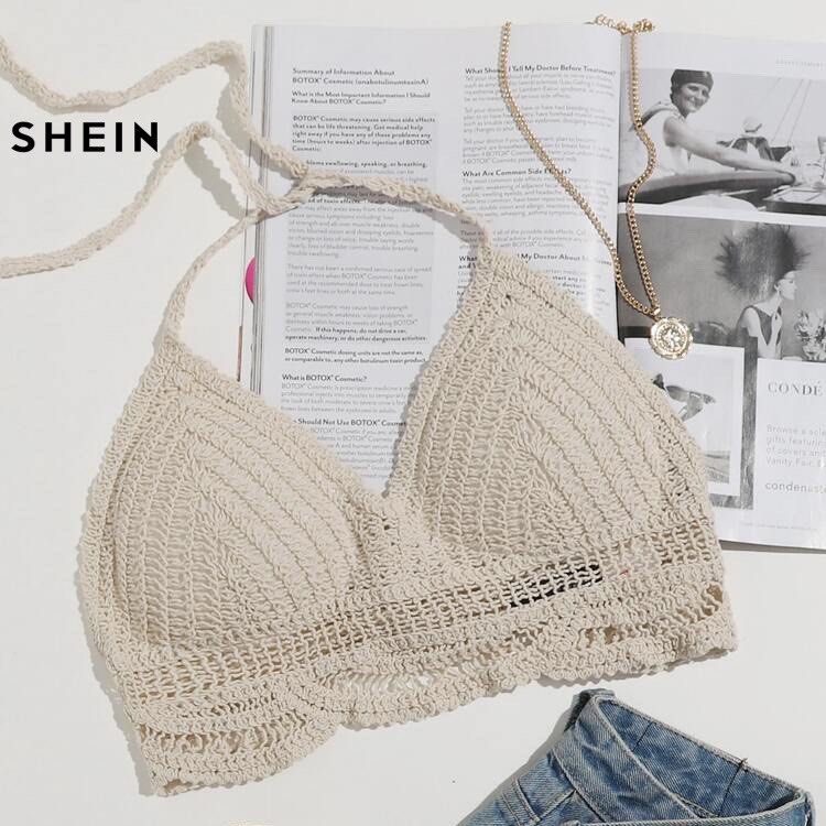 SHEIN Tied Backless Crochet Bikini Top Cream Beige Sexy Beach Wear Knit