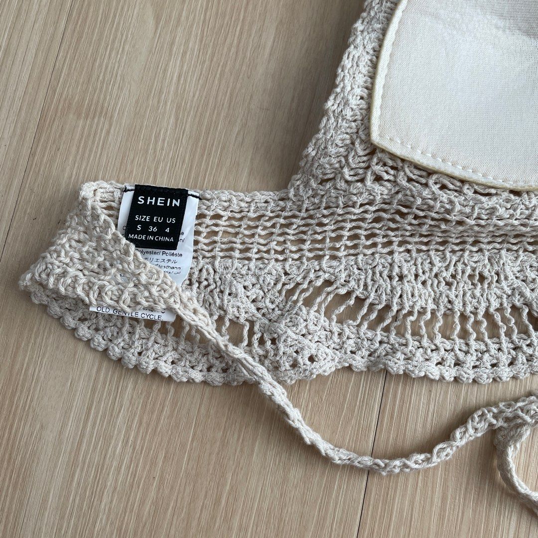 Shein Tied Backless Crochet Bikini Top Cream Beige Sexy Beach Wear Knit