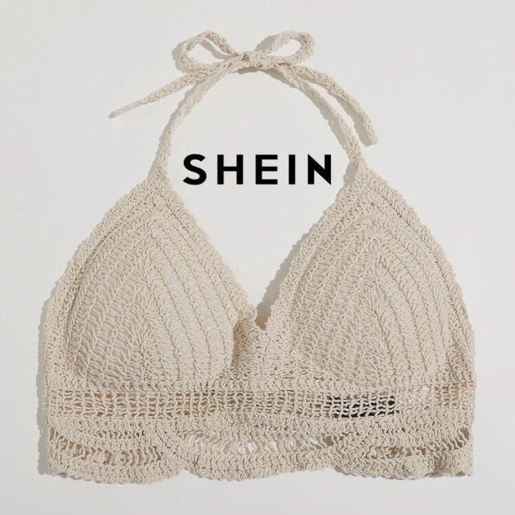 SHEIN Tied Backless Crochet Bikini Top Cream Beige Sexy Beach Wear Knit