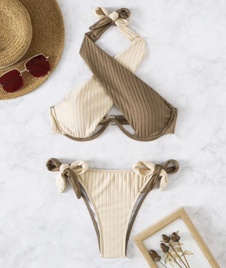 Two Tone Bikini Set Crisscross Cut Out Underwire Bra Top Tie Side
