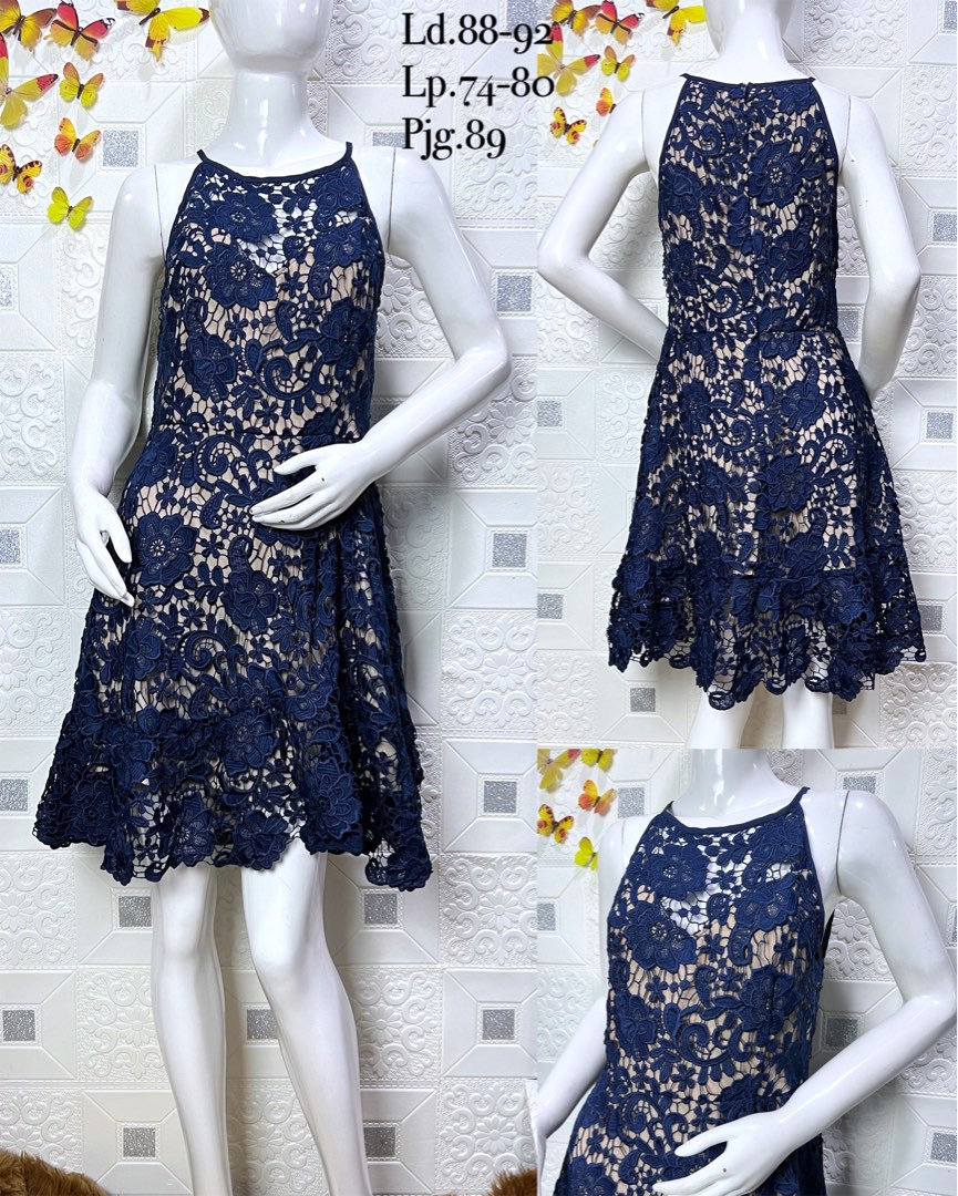 Navy Nude Crochet Dress Fesyen Wanita Pakaian Wanita Gaun Rok Di