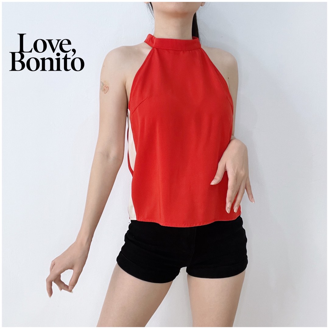 Love Bonito Torra Contrast Panel Top Red Pink Nude Colour Block Halter Neck Chiffon Cami Sexy