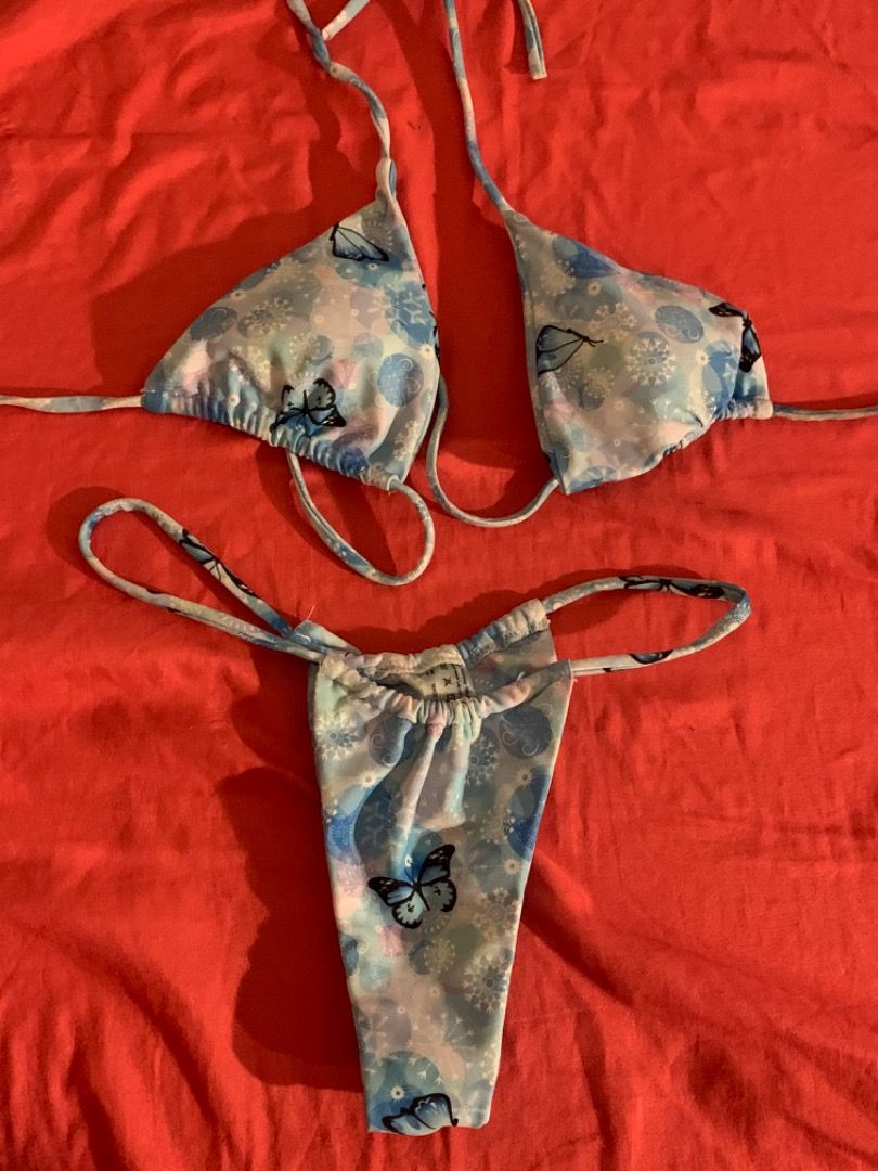 Front Tie Y K Butterfly Cheeky Bikini Blue Women S Fashion Swimwear