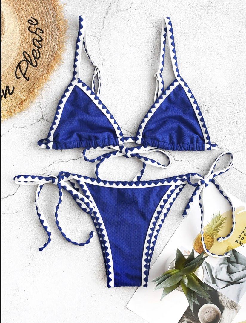 Zaful Textured Whip Stitch String Bikini Swimsuit Cobalt Blue S On