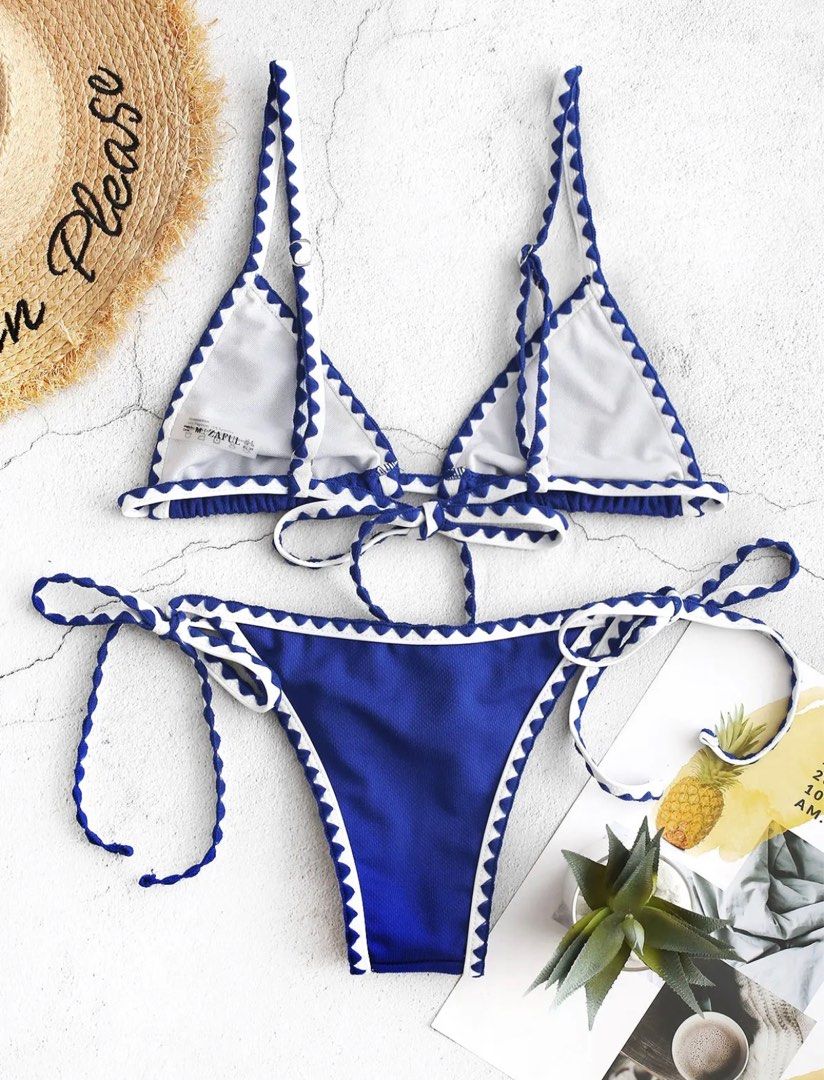 Zaful Textured Whip Stitch String Bikini Swimsuit Cobalt Blue S On Carousell