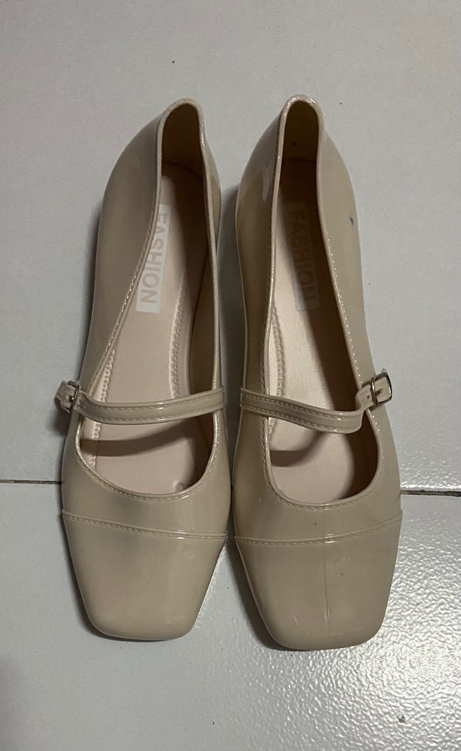 Beige Nude Mary Jane Shoes Glossy Rubber Flats Waterproof Shoes Rain Shoes On Carousell