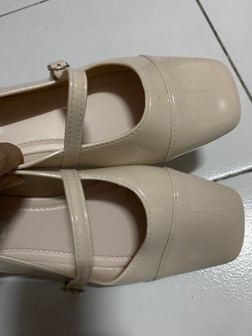 Beige Nude Mary Jane Shoes Glossy Rubber Flats Waterproof Shoes Rain Shoes On Carousell