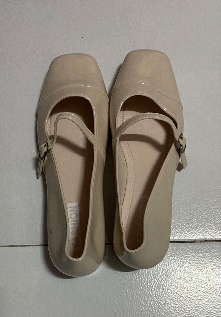 Beige Nude Mary Jane Shoes Glossy Rubber Flats Waterproof Shoes Rain Shoes On Carousell