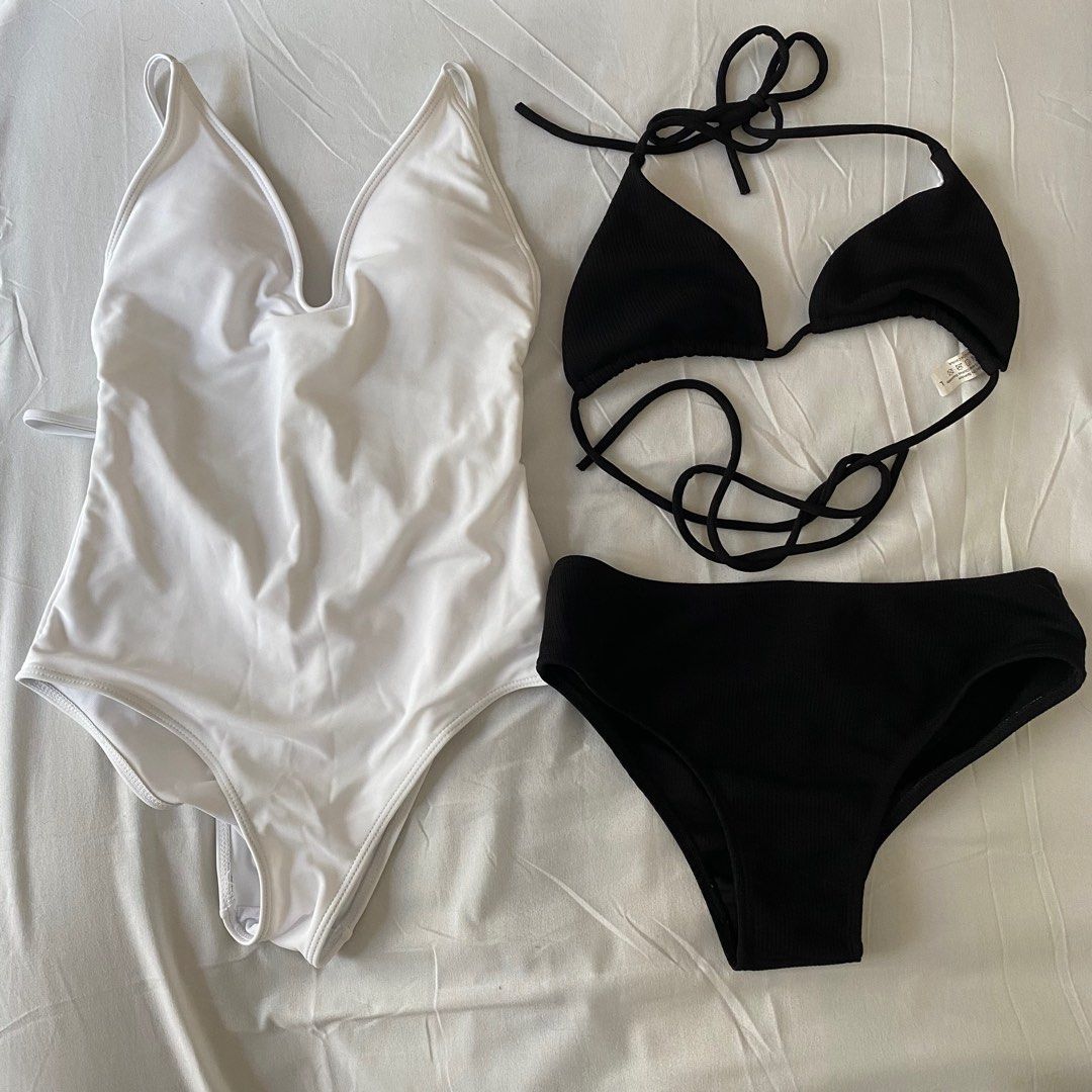Buy One Take One Swimsuits One Piece White Swimsuit And Two Piece Black Bikini Women S