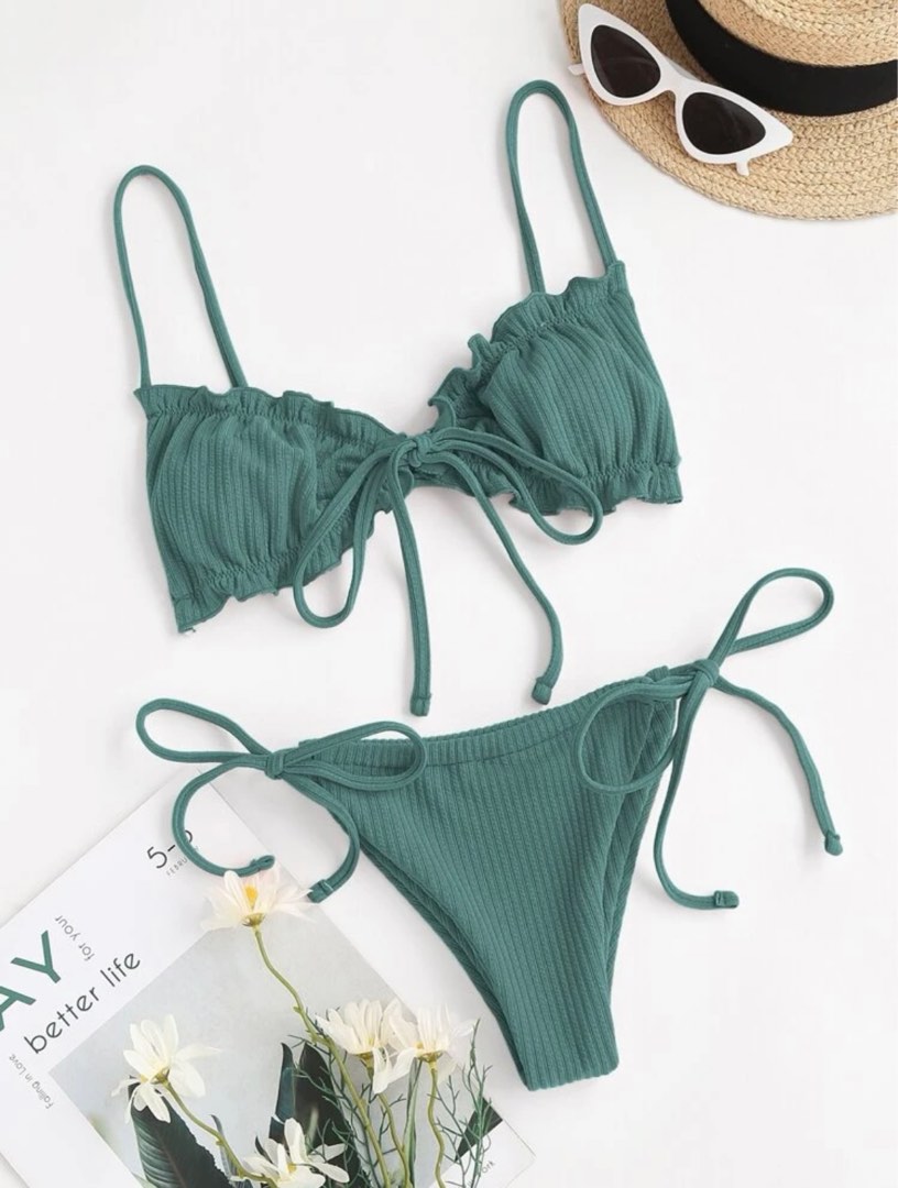 Tie Front Lettuce Hem Bikini Set Women S Fashion Swimwear Bikinis