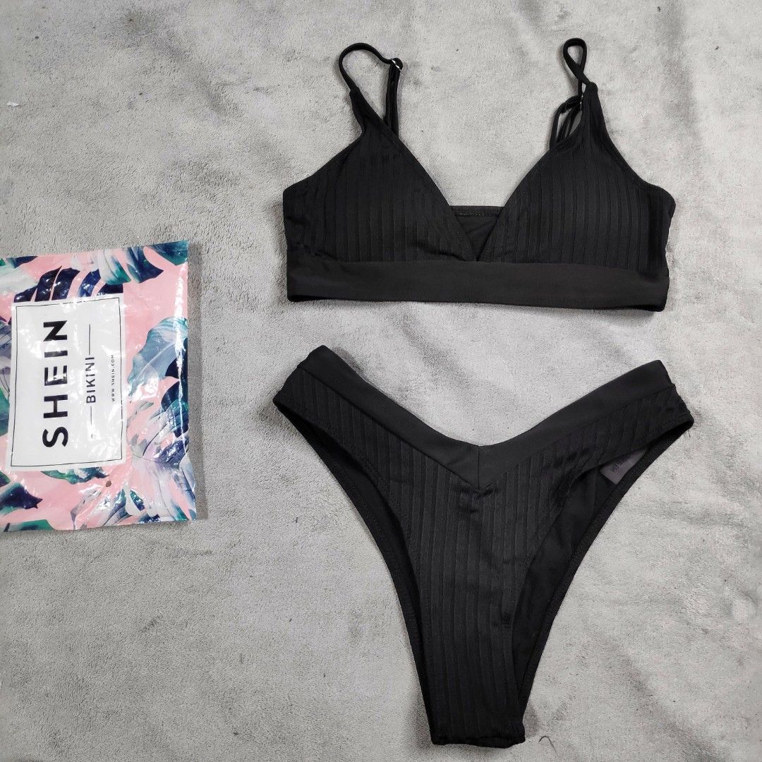 Shein Black Rib Adjustable Strap Two Piece Bikini Set Basic Black