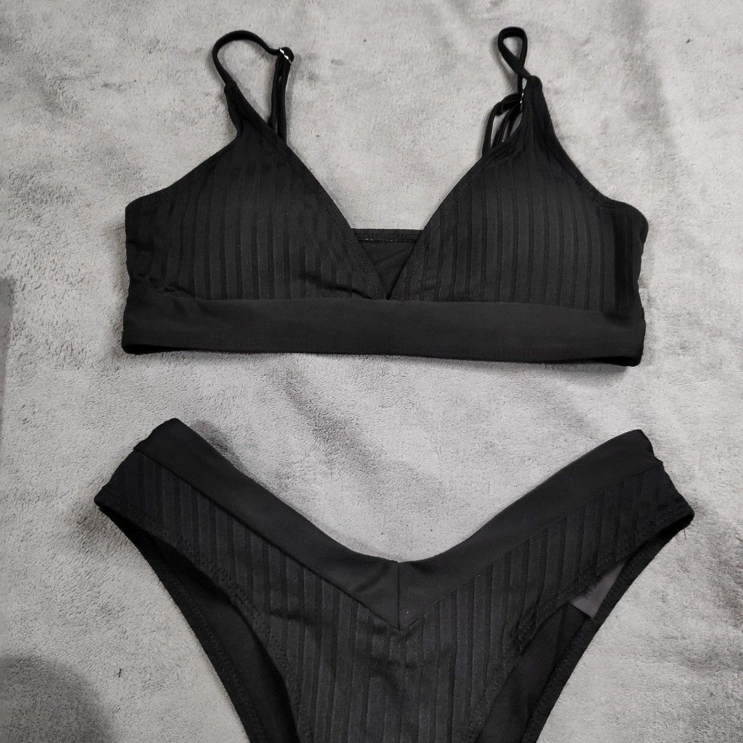 Shein Black Rib Adjustable Strap Two Piece Bikini Set Basic Black