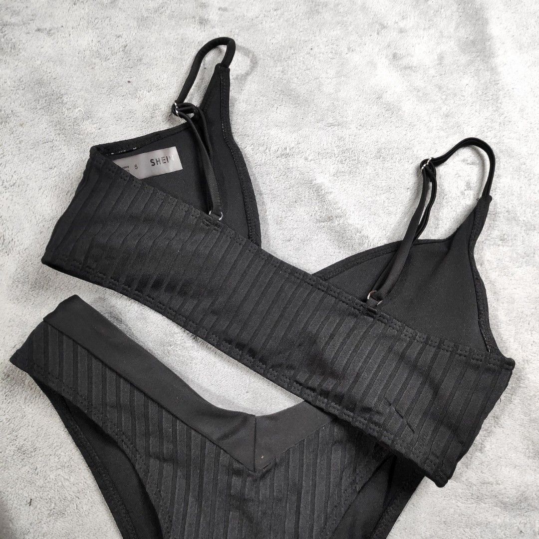 SHEIN BLACK RIB ADJUSTABLE STRAP TWO PIECE BIKINI SET BASIC BLACK