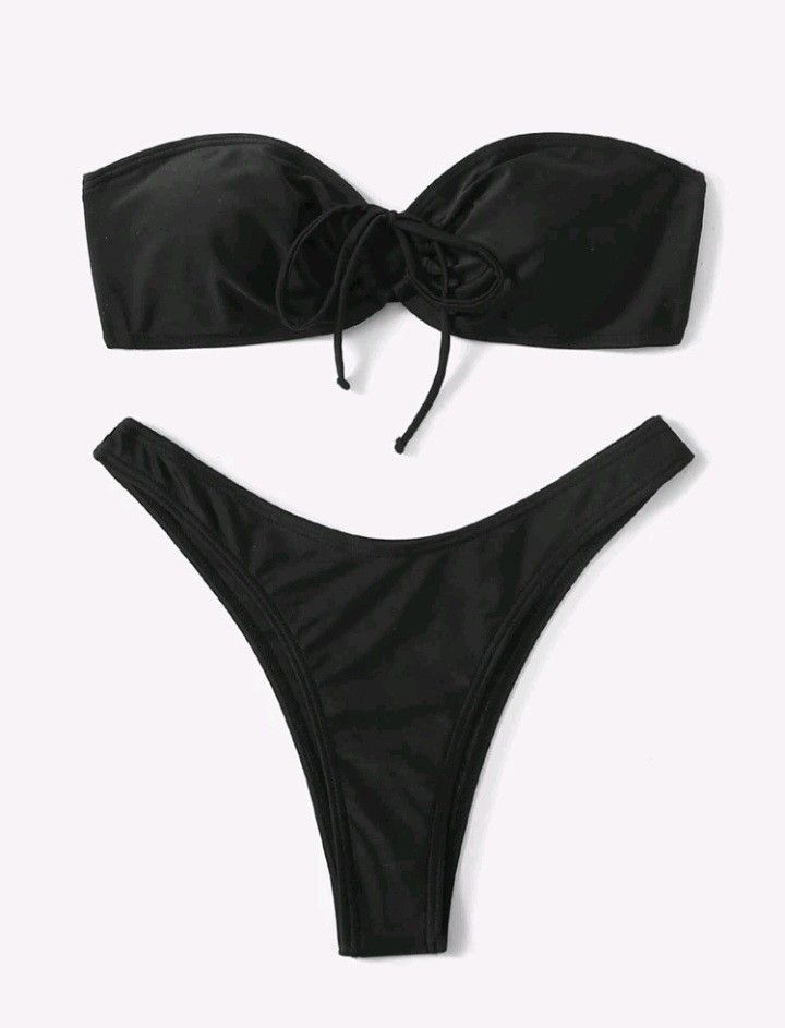 Mono Bikini Set Drawstring Bandeau Bra Top High Cut Bikini Bottom