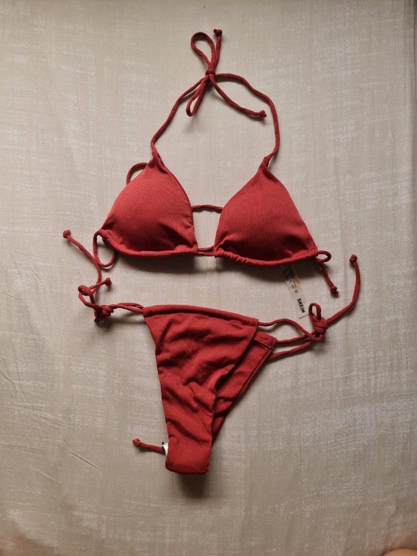 Ribbed Bikini Set Tie Back Halter Triangle Bra Bikini Piece Bathing
