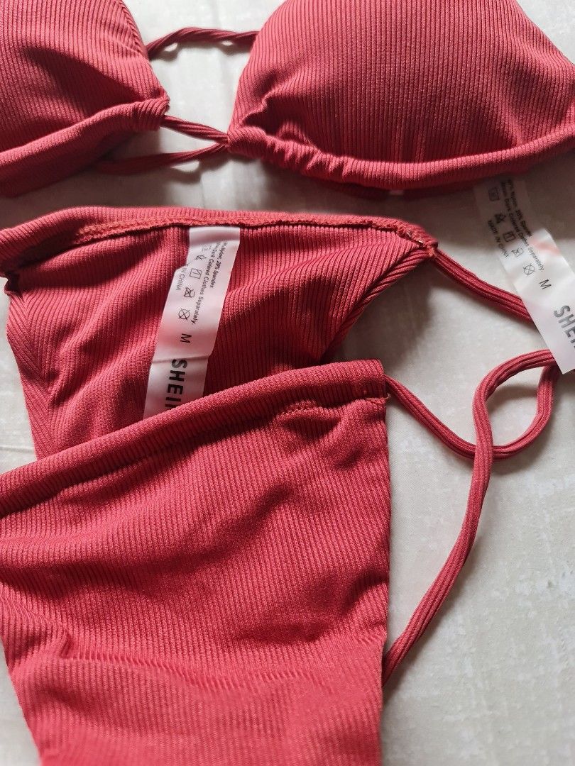 Ribbed Bikini Set Tie Back Halter Triangle Bra Bikini 2 Piece Bathing