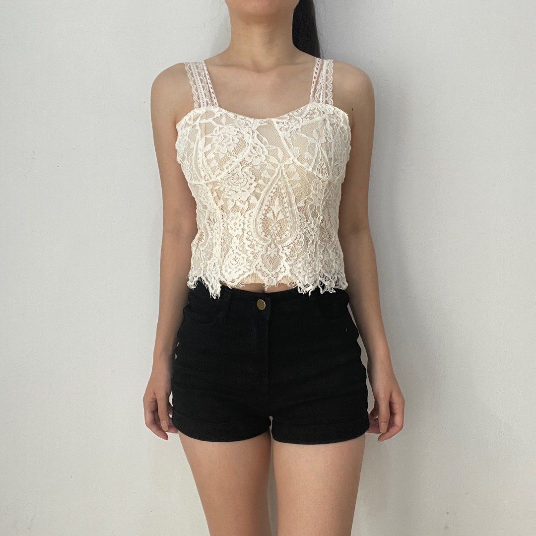 White Lace Nude Cream Tank Top Bustier Sexy Party Beach Club Atasan Renda Brokat Putih Creme